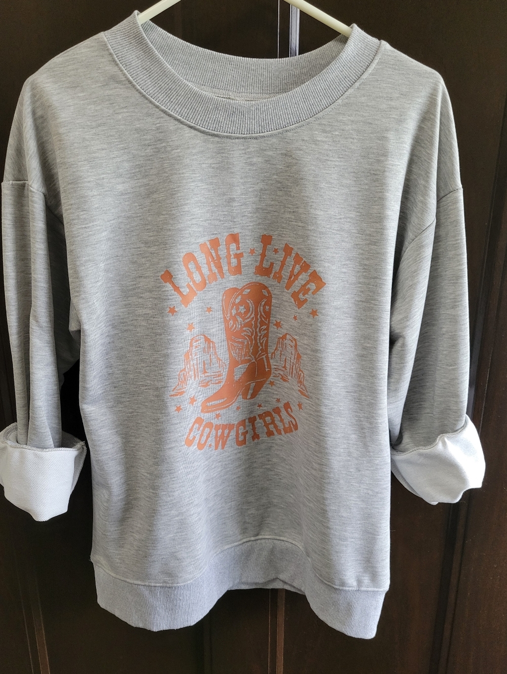 Long Live Cowgirls Grey Sweatshirt with Rust Graphic